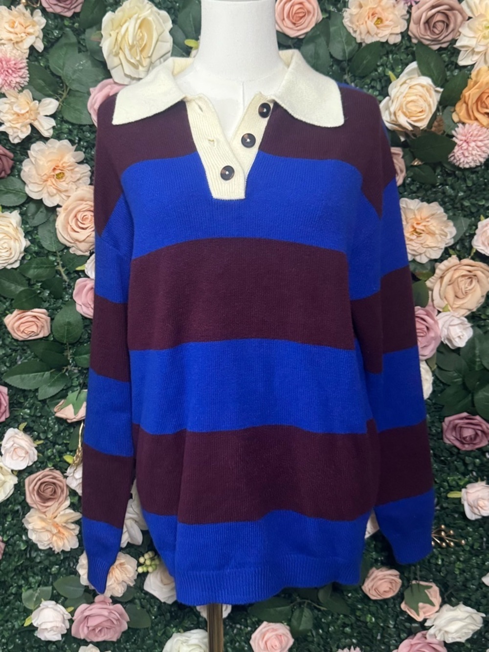 Blue and Burgundy Polo Sweater with Cream Collar NWT